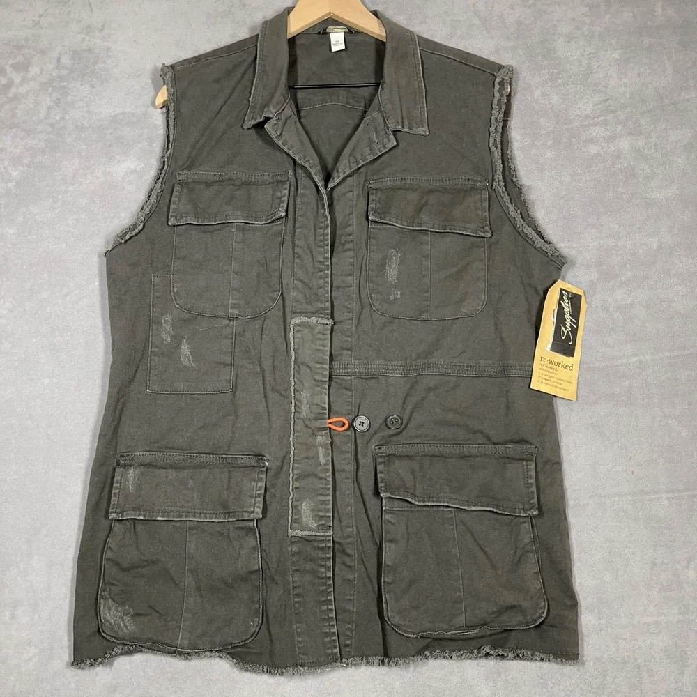 Supplies Reworked Utility Vest Men's M Gray Green Cargo Military Style - Picture 2 of 9
